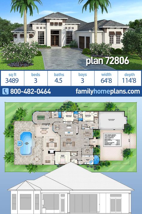 Coastal, Florida, Mediterranean Style House Plan 72806 with 3489 Sq Ft, 3 Bed, 5 Bath, 3 Car Garage Florida Homes Interior Design Coastal, Florida Home Plans One Story, U Shaped House Plans With Pool, Bloxburg Florida House, Florida House Plans One Story Open Floor, Modern Mediterranean Homes Floor Plans, U Shaped House Plans With Pool In Middle, Florida House Interior, Family House With Pool