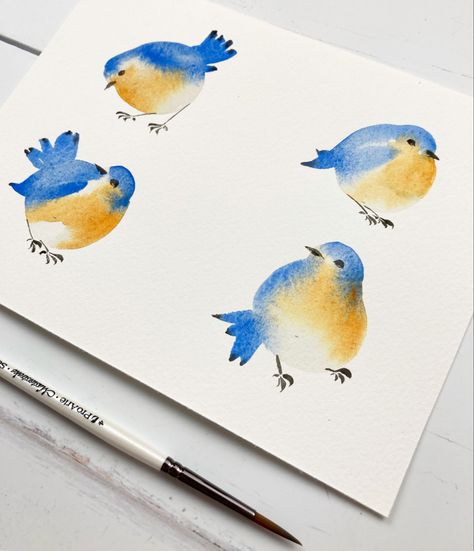 Watercolor Birds Easy Step By Step, Easy Watercolor Birds For Beginners, Watercolour Birds Tutorial, Easy Watercolor Birds Painting Tutorials, Easy Bird Watercolor, Watercolor Blue Bird, Simple Watercolor Birds, Watercolour Birds Simple, Watercolour Animals Easy