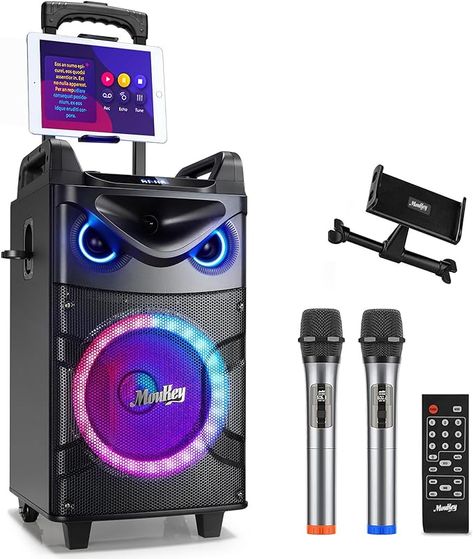 Moukey Karaoke Machine, 10" Woofer Portable PA System, Bluetooth Speaker with 2 Wireless Microphones, Lyrics Display Tablet Holder, Party Lights & Echo/Treble/Bass Adjustment Support REC/AUX/USB/TF Led Disco Lights, Karaoke Speaker, Pa System Speakers, Karaoke System, Amazon Electronics, Karaoke Machine, Party Speakers, Pa System, Singing Time