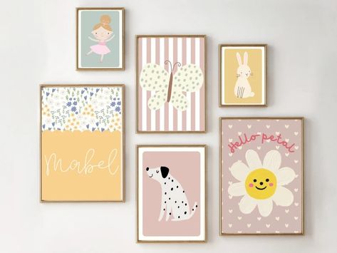 Set of Girls Room or Nursery Pastel Prints Including a Personalised Name Print. Gallery Wall Prints, Printed and Shipped prints Only. - Etsy Nursery Pastel, Pastel Prints, Spotty Dog, Print Gallery Wall, Pastel Nursery, Butterfly Mobile, Girl Room Art, Flower Mobile, Pink Art Print