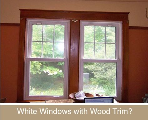 White Windows With Wood Trim, Windows With Wood Trim, White Vinyl Windows, Wood Window Trim, Installing Replacement Windows, White Window Trim, Old Wood Windows, Natural Wood Trim, Dark Wood Trim