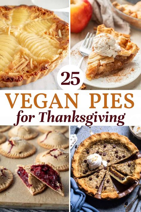 The best vegan pie recipes to serve at Thanksgiving and Christmas! From pumpkin and apple to chocolate and banana cream, all of the amazing flavors you need are here in this list. With many gluten-free options. Find your new favorite vegan pie recipe plus tips for serving and the best pie crusts and whipped topping options! Pie Recipes Vegetarian, Vegan Thanksgiving Pie Recipes, Vegan Thanksgiving Dinner Ideas, Vegan Mini Pumpkin Pies, Easy Vegan Pie Recipes, Vegan Pumpkin Baking, Vegan Pie Recipes Desserts, Vegan Thanksgiving Dessert Recipes, Vegan Thanksgiving Recipes Dessert