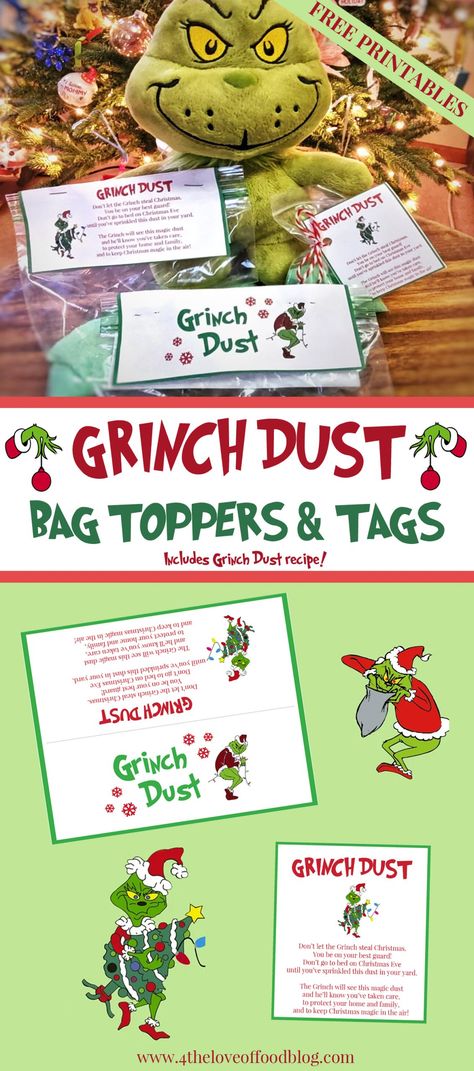 Just in time for Christmas Eve, today I am sharing a fun Grinch themed family activity with a printable poem card. Give them as gifts or make it together with your kids as your new Christmas Eve tradition.  Then have fun sprinkling the magic dust in your yard before Christmas to keep the Grinch away! Grinch Secret Santa Ideas, How To Make Grinch Dust, Grinch Week At School, Grinch Dust Printable Free, Grinch Kisses Tag, Grinch Dust Recipe, Grinch Poop Printable Free, Easy Grinch Crafts, The Grinch Crafts