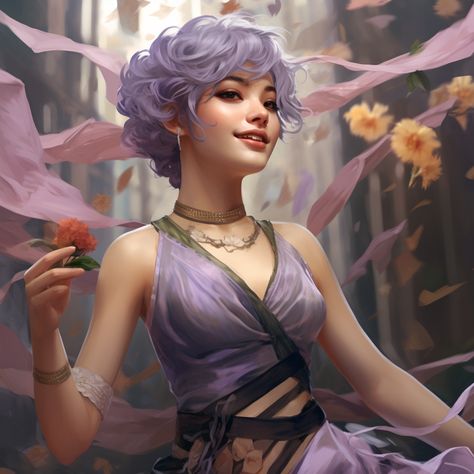 Concept Character for one-shot DnD. DND, character design, purple hair, woman monk, young, Bard, short-hair. Purple Dnd Character, Purple Hair Female Character Art, Halfling Bard Female, Character Design Purple Hair, Half Elf Bard Female, Androgynous Dnd Character, Elf Short Hair, Dnd Bard Female, Dnd Bard Character Concept