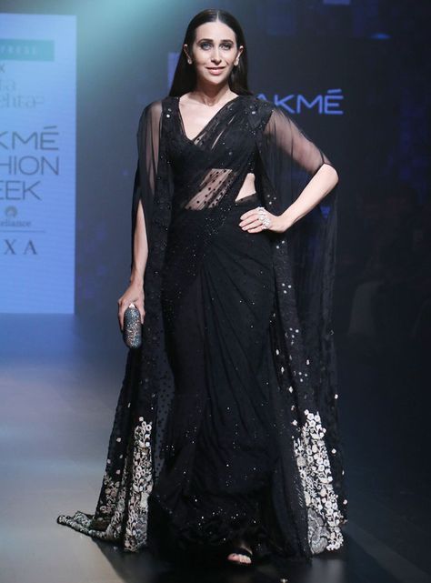 Black Saree With Jacket, Black Pre-draped Saree With Zari Work For Diwali, Black Pre-draped Saree With Zari Work, Traditional Black Pre-draped Saree With Zari Work, Black Pre-draped Saree With Resham Embroidery For Festivals, Elegant Black Pre-draped Saree With Resham Embroidery, Karishma Kapoor, Karisma Kapoor, Saree Draping Styles