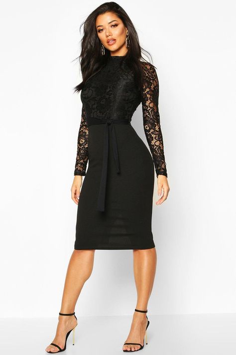 High Neck Long Sleeve Lace Midi Dress #AFF, , #spon, #Aff, #Long, #Sleeve, #Dress, #Neck Black Party Dress Classy Midi, Long Sleeve Work Dress, High Neck Long Dress, High Neck Black Dress, Black Lace Dress Long, Party Dresses Uk, High Neck Lace Dress, Party Dresses With Sleeves, Party Dress Inspiration