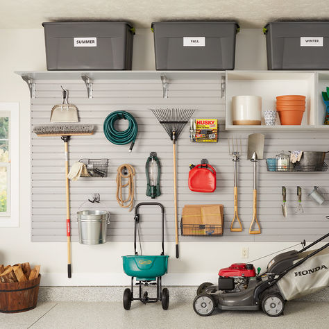 Say goodbye to clutter and hello to efficiency! 🚀 With Inspired Closets Kansas City, discover the art of maximizing your garage with Slatwall installations, making hanging and storing your tools a breeze. Garage Storage Slat Wall, Garage Camping Storage, Garage Slat Wall Ideas, Slat Wall Garage Organization, Garage Slat Wall Organization, Garage Interior Walls, Garage Slat Wall, Slatwall Garage, Inspired Closets