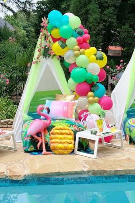 Tropical Teepee Party, Tropical Summer Party, Tropical Pool Party, Pool Party Floats, Girls Tent, Preppy Ideas, Sleepover Tents, Summer Party Ideas, Tent Party