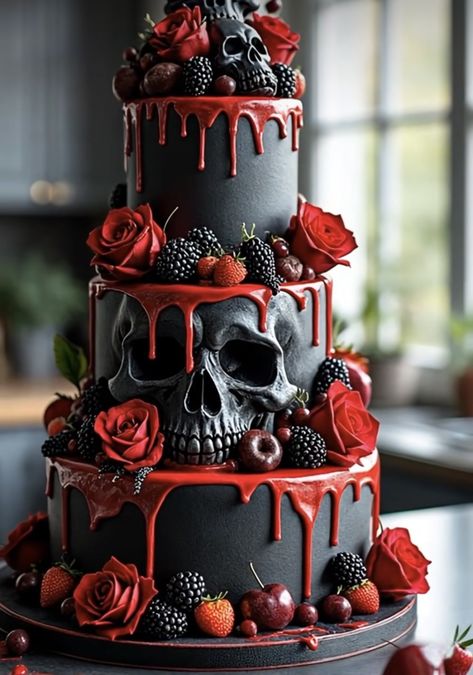 Goth Cake Ideas, Black And Red Cake, Goth Cake, Skull Cakes, Gothic Birthday Cakes, Western Birthday Cakes, Goth Cakes, Scary Halloween Cakes, Horror Cake