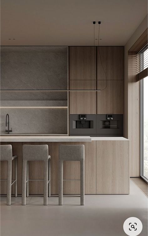 Zen Furniture, Greige Kitchen, Modern Wood Kitchen, Ideas Cocina, Industrial Kitchen Design, Beige Minimalist, Kitchen Counter Decor, Kitchen Installation, Modern Houses Interior