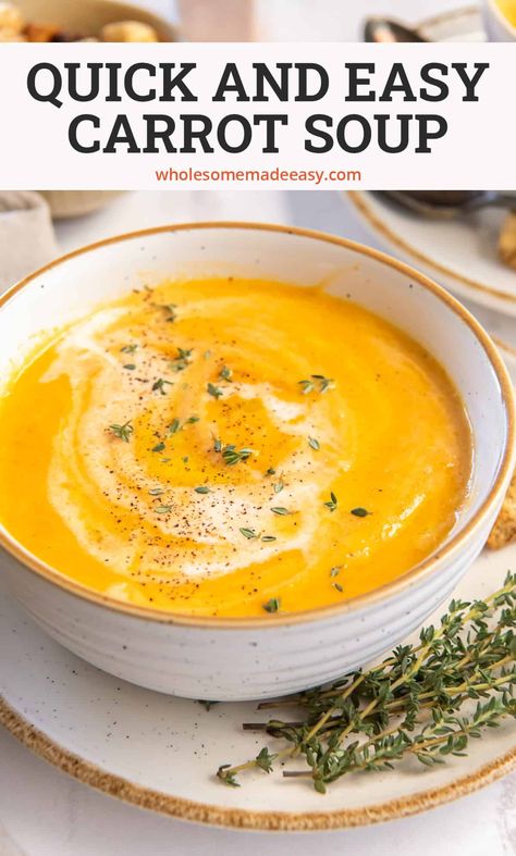 The fresh, sweet flavor of carrots shine through in this creamy Carrot Soup recipe. It's simply seasoned with garlic and fresh thyme and cooks quickly in one pot on the stove. Crockpot Carrot Soup, Carrot Soup Recipes Easy, Easy One Pot Soup, Potage Recipe, Carrot Soup Easy, Crockpot Carrots, One Pot Soup, Creamy Carrot Soup, Lasagna Recipes