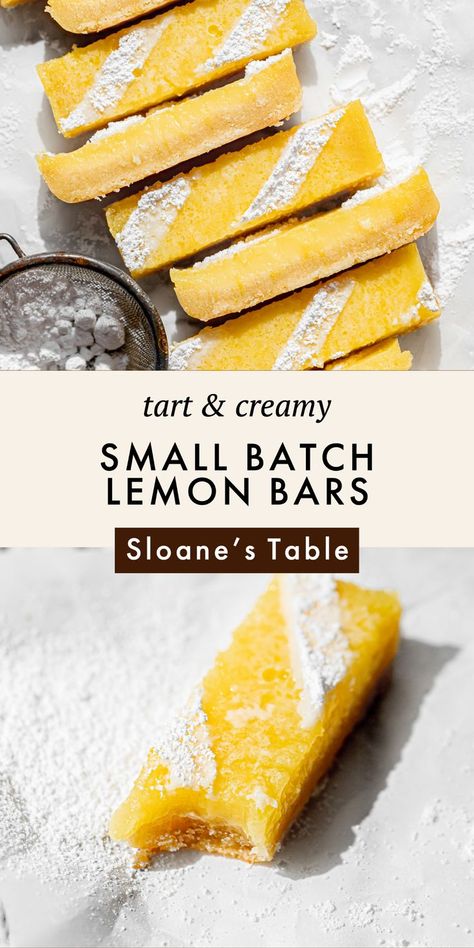 These small batch lemon bars consist of a melt-in-your-mouth almond shortbread crust below a creamy, tart lemon filling, all topped off with a simple dusting of powdered sugar. With just a couple bowls and a whisk, you can make this easy springtime dessert in less than an hour. Small Batch Lemon Bars, Small Batch Desserts, Batch Baking, Almond Desserts, Small Batch Cookies, Almond Shortbread, Spring Time Desserts, Batch Recipes, Cut Recipe