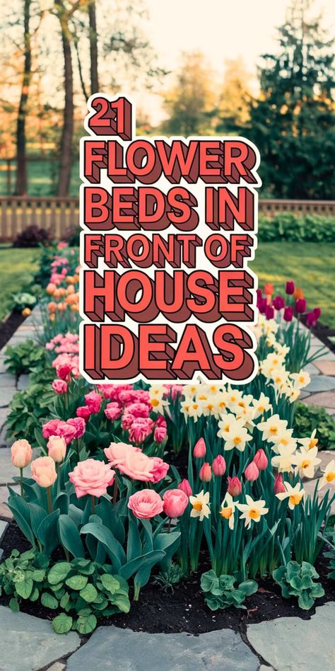 An artistic flower bed in front of a house with unique and expressive plants and flowers. Entryway Flower Bed Ideas, Country Flower Bed Ideas, Large Front Flower Bed Ideas, Garden Bed Near Front Door, East Facing Flower Bed Ideas, Flowerbeds Around House, Front Yard Flower Bed Shapes, Flowerbed Shape Ideas, Flower Beds In Front Of House