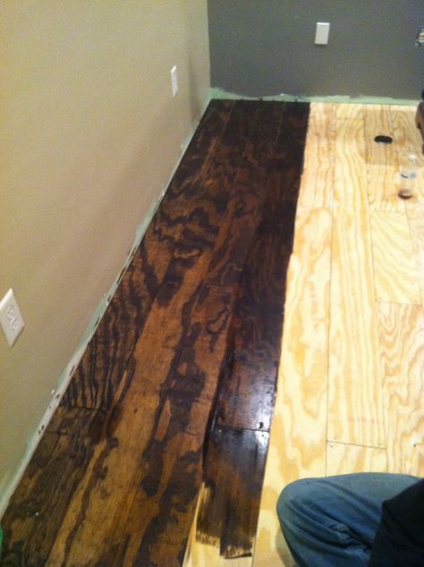 Staining Plywood Floors, Stained Plywood Floors Diy, Stained Plywood Walls, Plywood Flooring Diy, Stained Plywood, Plywood Floors, Diy Wood Floors, Plywood Floor, Easy Home Improvement