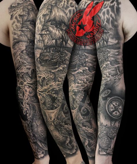 Octopus Tentacle Anchor Skull Wave Water | Tattoos Ship And Waves Tattoo, Ship In A Storm Tattoo, Sea Storm Tattoo, Shipwreck Tattoo Sleeve, Black Pearl Ship Tattoo, Pirate Ship Tattoo Sleeve, Ocean Tattoos Sleeve Underwater, Realistic Wave Tattoo, Pirate Sleeve Tattoo