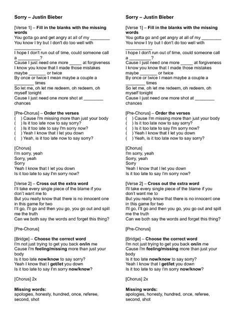 Song Worksheet: Sorry by Justin Bieber Song Worksheet, Sorry Lyrics, 7th Grade English, Justin Bieber Songs, Vocal Cords, Listening Activities, Classroom Songs, Love Yourself Lyrics, Teaching Third Grade