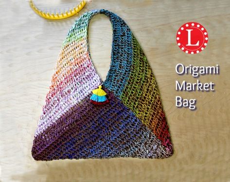 Japanese Origami Market Bag Pattern Video - LoomaHat.com Sock Loom, Loom Knitting Pattern, Loom Yarn, Loom Knitting Tutorial, Loom Knitting Stitches, Origami Bag, Loom Knitting Projects, Peg Loom, Japanese Origami