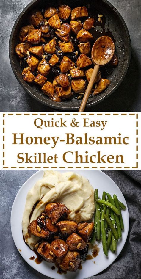 Healthy Honey-Balsamic skillet chicken with dried fruit Balsamic Chicken And Rice, Chicken Recipes Honey, Unprocessed Recipes, Chicken Bruschetta, Honey Balsamic Chicken, Baked Greek Chicken, Balsamic Glazed Chicken, Savory Bites, Light Food