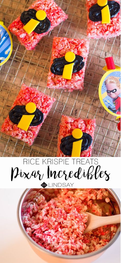 Homemade Disney-Pixar Incredibles Rice Krispie Treats - seeLINDSAY Incredibles Themed Food, Incredibles Food Ideas, Pixar Food Ideas, Incredibles Birthday Party Food, The Incredibles Birthday Party Ideas, Incredibles Party Food, Incredibles 1st Birthday Party, Disney Pixar Birthday Party Ideas, Disney Pixar Party