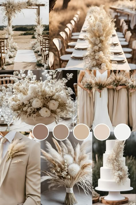 Dreamy romantic wedding theme: a dreamy rustic wedding theme with neutral colours and dried flowers    #rusticwedding #rusticweddingideas #rusticweddingdecor #dreamywedding #dreamyweddingdecor #romanticwedding #neutralwedding #neutralweddingdecor #driedflowerwedding #driedflowerweddingcake #rusticweddingtheme Champagne Gold Ivory Wedding, Champagne Rustic Wedding Theme, Beige Aesthetic Wedding Theme, Wedding Colours Ideas 2025, Wedding Color Schemes Beige, Wedding Ideas Neutral Colors, Beige Wedding Color Palette, Wedding Colour Schemes Champagne, Earthy Color Wedding Theme