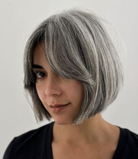 Salt-and-Pepper French Bob French Bob Haircut Grey Hair, French Bob Gray Hair, Gray French Bob, French Bob Haircut Over 50, Gray Hair Bob Styles, French Bob Grey Hair, Grey French Bob, Salt And Pepper Bob, French Bobs