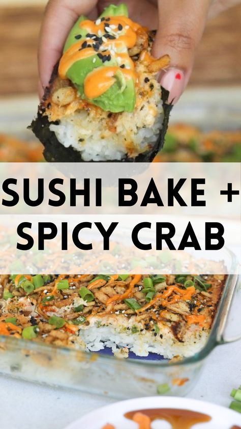 Family Style Recipes, Sushi Bowl Crab Meat, Sushi Bake Recipe With Shrimp, Sushi Bake Bowl, Crab Sushi Bake Bites, No Bake Sushi Casserole, Sushi Bake With Crab, Imitated Crab Sushi, Spicy Sushi Bowl