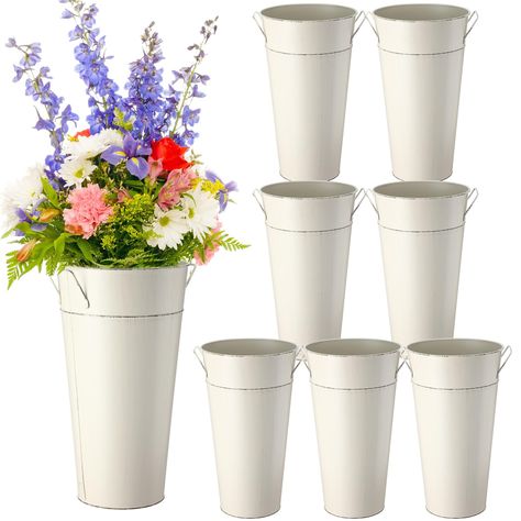 PRICES MAY VARY. Farmhouse Metal Buckets: you will receive 8 pieces of French metal floral buckets with handles, which are exquisitely crafted to create a vintage appearance and can match well with your home decor; The quantity is also sufficient for you to use and replace in daily life, weddings or party events Galvanized Bucket Table Centerpieces: these galvanized tall vases can display flower arrangements and decorate your tables at parties, rehearsal dinners or weddings; These tall white met Metal Vases, Galvanized Buckets, Flower Bar, Butterfly Baby Shower, Metal Bucket, Rustic Wedding Centerpieces, Floral Table, Metal Vase, Dried Floral