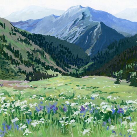 Green Mountain Painting, Swedish Landscape, Gouache Ideas, Art Vibe, Mountains Painting, Mountain Artwork, Mountain Drawing, Art 2024, San Juan Mountains