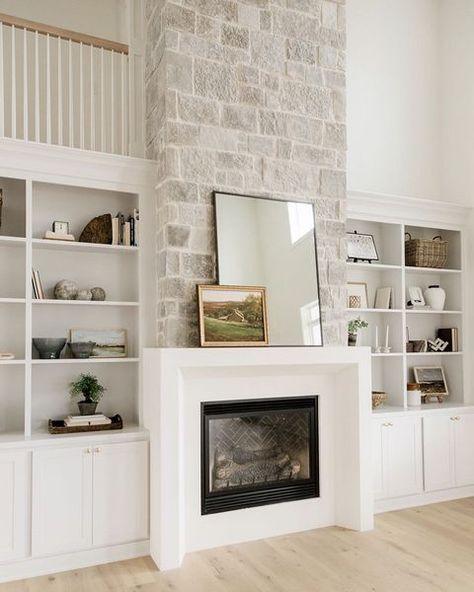 Oakstone Homes on Instagram: “Good morning and happy Tuesday! #OakstoneHomes” Fireplace Height From Floor, Oakstone Homes, Fireplace Inspiration, Fireplace Bookshelves, Bookcase Styling, Kitchen Backsplash Designs, Highland Homes, Casa Exterior, Fireplace Remodel