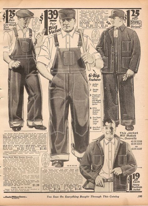 1920s Men's Pants History: Oxford Bags, Plus Four Knickers, Overalls Workers Outfit Men, Overalls As Pants, 1920s Mens Clothing Casual, Mens Vintage Workwear, Vintage Workwear Outfit Men, Workwear Outfit Men, Painting Overalls, Overalls Outfit Men, Utility Wear