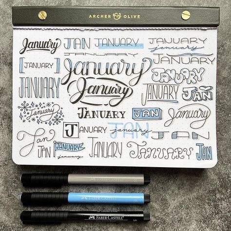 Ways To Write January, Bullet Journal Tutorial, Bullet Journal Front Page, January Lettering, Different Ways To Write, Lettering Examples, January Writing, Bullet Journal Titles, Fun Lettering