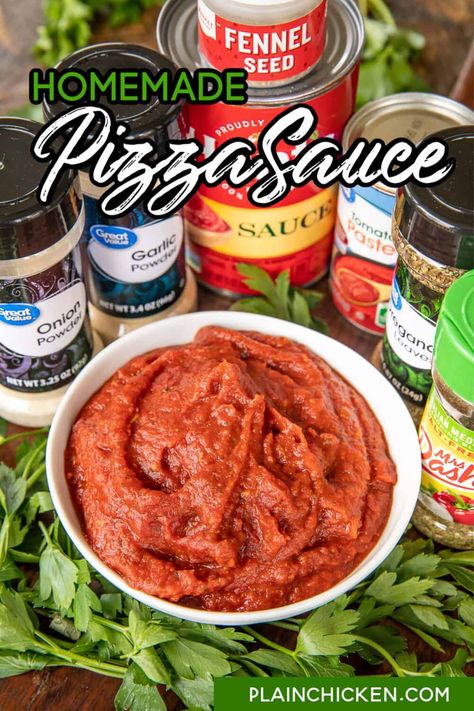 Homemade Pizza Sauce - ditch the jarred stuff and make your own. Super simple to make and tastes GREAT! Tomato sauce, tomato paste, Italian seasoning, oregano, fennel seed, onion powder, garlic powder, and salt. Ready to use in minutes. Can freeze the extra sauce for a quick meal later. #pizza #pizzasauce #glutenfree Yogurt Pizza Dough, Thick Crust Pizza, Pizza Lasagna, Homemade Pizza Crust, French Bread Pizza, Pizza Sauce Recipe, Easy Homemade Pizza, Pizza And Beer, Pizza Sauce Homemade