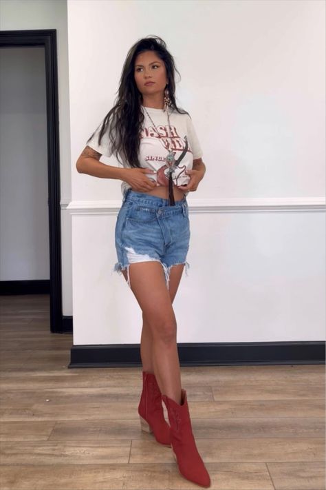 Tailgate Outfit Cowboy Boots, Cowboy Boots And Baseball Cap Outfit, Short Red Cowboy Boots Outfit, Country Concert Outfit With Red Boots, Cowboy Boots With Shorts Outfit, Red Country Concert Outfit, Cowgirl Boots And Shorts Outfit, Red Cowboy Boots Outfit Concert, Red Boots Outfit Western