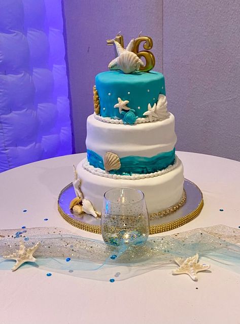 Sweet 16 Under the Sea made by Lynn Pagans Under The Sea Sweet 16 Cake, Under The Sea Sweet 16, Sea Cake, Sea Cakes, Sweet 16 Cakes, 16 Cake, Sea Birthday, Sweet 15, 16th Birthday Party