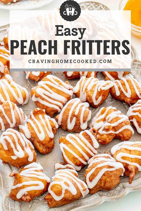 These delicious Peach Fritters are soft on the inside with bits of peach in each bite with a simple peach glaze to finish. #peach #fritters #recipe Peach Fritters, Crossiant Recipes, Peach Glaze, Fried Pies, Baked Peach, Fritters Recipe, Bbq Menu, Canned Biscuits, Fritter Recipes