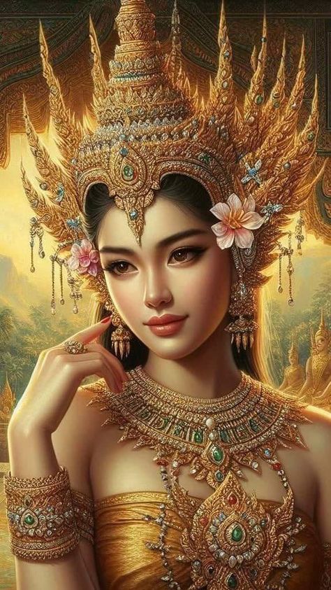 Thai Goddess, Asian Style Dress, Cambodian Art, Thai Tattoo, Fantasy Princess, Thai Art, Beautiful Picture, Asian Style, Fantasy Creatures