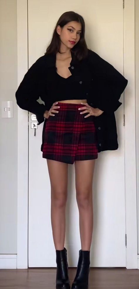 red skirt leather jacket outfit (@yaszou) Red Shirt And Black Skirt, Red Plade Skirt Outfit, Short Skirt Long Jacket Outfit, Black And Red Skirt Outfit, Red And Black Skirt Outfit, Plade Skirt Outfit Aesthetic, Red Checkered Skirt Outfit, Short Red Skirt Outfit, Red Skirt Outfit Aesthetic