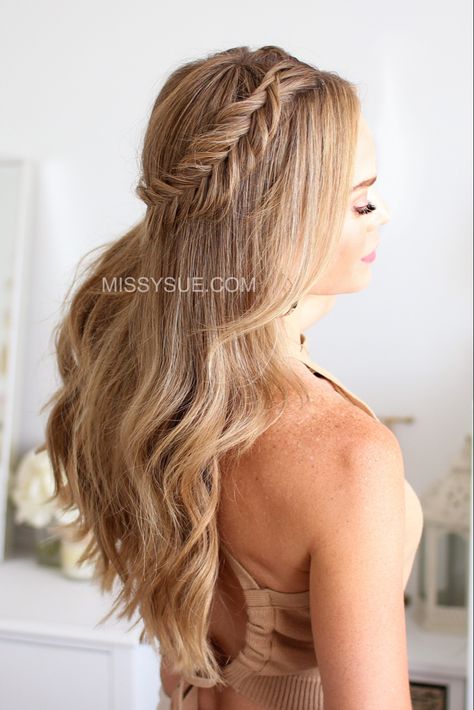 Fishtail braid half Updo. Braided hair. Hairstyle. Fishtail Waterfall Braid, Fish Plait Hairstyles, Fish Tale Braids, Fish Tail Hairstyles, Loose Fishtail Braid, Rope Braid Hairstyles, Fishtail Braid Wedding, Updos Easy, Evening Hair