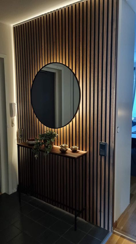 Wood Panel With Mirror, Entryway Wood Paneling, Slat Wall With Mirror, Wood Panel Entryway, Mirror Panel Wall Interior Design, Slat Wall Hallway, Quirky Hallway, Mirror Panel Wall, Hallway Table Decor