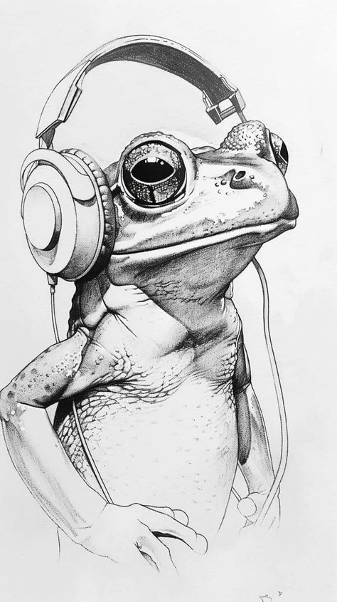 Coqui Frog Drawing, Cool Frog Tattoo, Frog Listening To Music, Drawings Of Frogs, Frogs Tattoo, Frog Tattoo Design, Pencil Sketches Landscape, Tattoo Generator, Frog Sketch