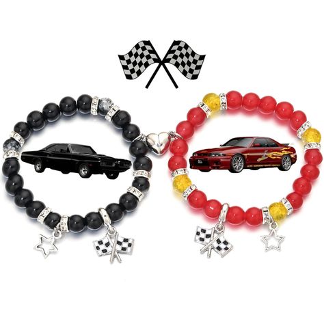 PRICES MAY VARY. 【DOM & LETTY Bracelet】 - The design of this pair of bracelets is inspired by the color scheme of Dom's 1970 Dodge Charger R/T Car and Letty's Nissan Silvia Car in the Fast and Furious movie, includes two identical bead bracelets with Checkered Black and White Racing Stick Flag and star charm,as well as a heart shaped charm.make friends or couples feel connected, no matter how far apart you are. 【Meaningful Gifts】 - A meaningful matching bracelets designed for couples or best fri Fast And Furious Bracelet, Gift For Bf, Bracelets For Couples, Gifts For Best Friend, Furious Movie, Bracelet Inspired, Bf Gifts, Couples Bracelet, Bf Gf