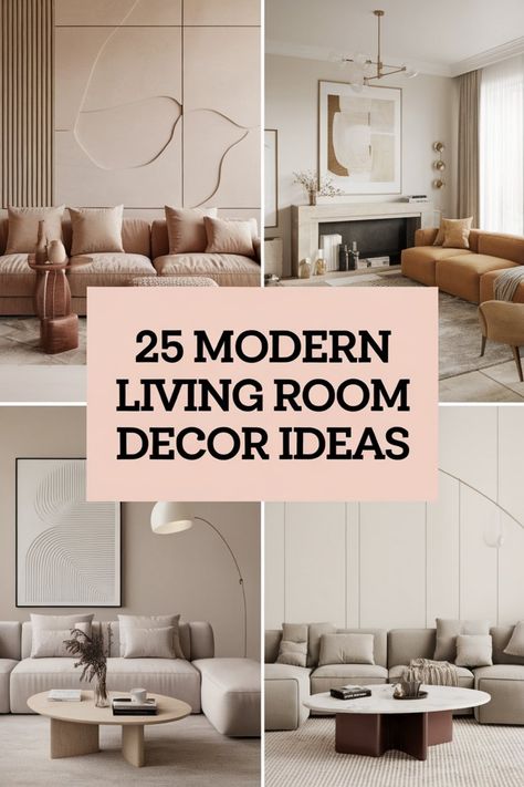 Collage of four modern living rooms with minimalist decor and neutral tones. Neutral Sitting Room Ideas, Trending Living Rooms For 2024, 2025 Living Room Decor Trends, Living Room Sofas Ideas, Neutral Sitting Room, Modern Contemporary Living Room Decor, Guest Living Room, Palettes Furniture, Victorian Living Room Decor