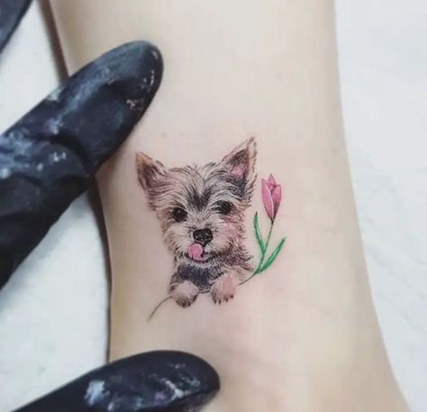 50+ Best Small Dog Tattoo Ideas - The Paws Dog Tattoo Ideas Minimalist Yorkie, Tattoo Ideas Female Dog Lover, Dog Memorial Tattoos Yorkie, Yorkie Memorial Tattoo, Yorkie Tattoo Ideas, Tato Dog, Yorkie Tattoos, Small Dog Tattoo Ideas, Yorkie Tattoo