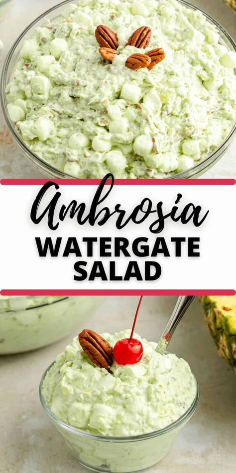 This Ambrosia Watergate Salad is so flavorful, creamy, and delicious. It’s light and fluffy and has added crunch from the nuts. Green Ambrosia Salad, Watergate Salad Recipe Ambrosia, Pistachio Ambrosia Salad, Ambriosa Salad, Ambrosia Salad Classic, Watergate Salad Recipe, Pistachio Fluff, Ambrosia Fruit Salad, Christmas Crunch