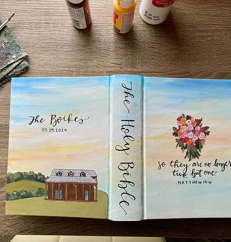 I don’t think I’ll ever get tired of painting wedding Bibles 💍✨ they’re the sweetest, & it means so much to be entrusted with something that so many couples will love for years to come! Wedding Bible Painted, Painting Bible Cover, Painting Wedding, Wedding Bible, Bible Cover, Bible Covers, Prayer Board, Holy Bible, Wedding Couples