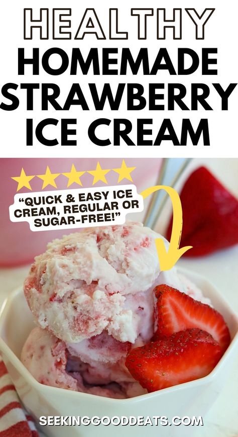 Fresh homemade strawberry ice cream recipe is a delicious treat. There is nothing like homemade ice cream recipe - fresh plump juicy strawberries, sweetened cream, and vanilla - YES, please! Make this regular or sugar free! The perfect Summer treat for dessert. Keto Strawberry Ice Cream, Kitchen Aid Ice Cream, Homemade Ice Cream Recipe, Sugar Free Desserts Easy, Sugar Free Ice Cream, Homemade Strawberry Ice Cream, Strawberry Ice Cream Recipe, Ice Cream Recipes Machine, Low Carb Ice Cream