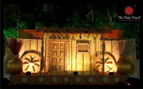 Village theme... weddings Village Theme Ganpati Decoration, Village Theme Restaurant, Village Theme Decoration, Village Theme Decoration Indian, Village Decoration Ideas, Desi Restaurant, Class Board Decoration, Navratri Decoration, Nav Varsh