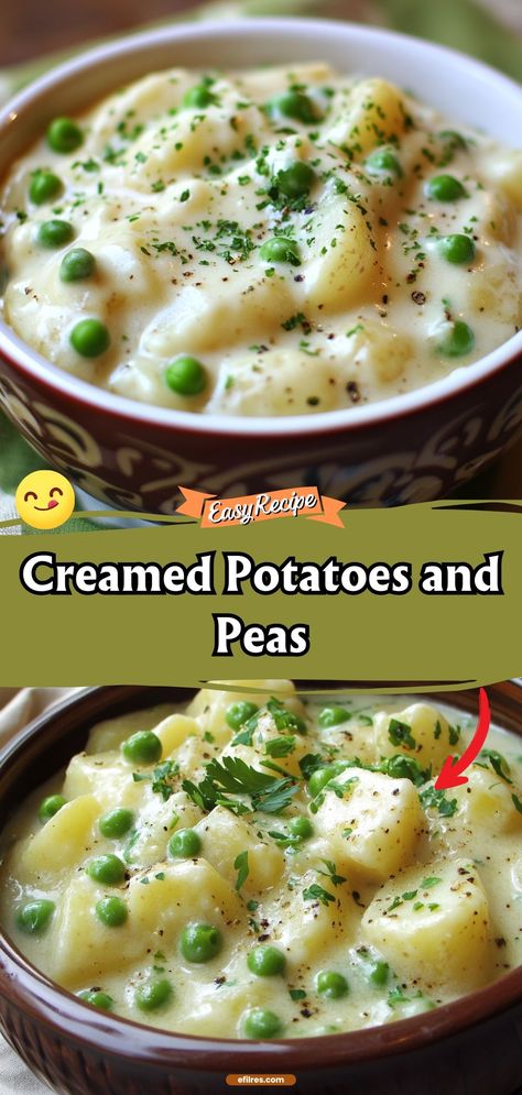 Creamed Potatoes and Peas is a comforting side dish that brings back memories of home. Creamy, soft potatoes and sweet peas are simmered together in a light, flavorful sauce. It's a classic pairing that complements any meal beautifully. #ComfortFood #CreamedVegetables #HomeCooked Creamed Dill Potatoes, Creamed Peas And New Potatoes, Cream Potatoes And Peas, Peas And Potatoes In Cream Sauce, Cream Peas And Potatoes, Potato And Peas Recipes, Creamed Potatoes And Peas, Creamed Potatoes Old Fashioned, Potatoes And Peas Recipe