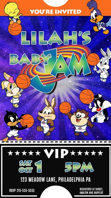 Jam Baby Shower invitation, Shower space basketball invitation, digital download, party invitation, Baby Space Jam, Text invite Space Jam Birthday Party Invitations, Space Jam Invitation Template, Space Jam Invitations, Space Jam Baby Shower Ideas, Looney Tunes Baby Shower Ideas, Baby Gender Reveal Announcement, Space Jam Theme, Gender Reveal Baby Shower Themes, Baby Birthday Party Theme