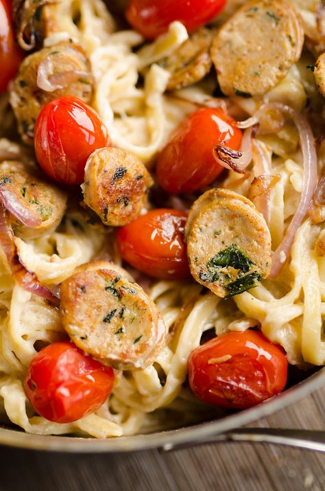 Chicken Sausage Fettuccine Alfredo - 20 Minute Recipe Sausage Fettuccine Alfredo, Recipes With Chicken Sausage, Skillet Chicken Recipes Easy, Asiago Chicken, Blistered Tomatoes, Chicken Sausage Recipes, Easy Skillet Chicken, Recipes With Chicken, Pasta Chicken